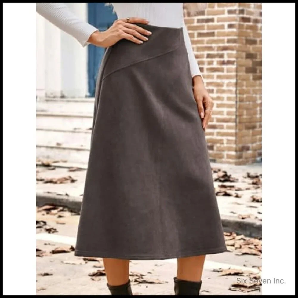 Faux Suede Midi Skirt High Waist A-Line Chic Fall Winter Elegant Minimal